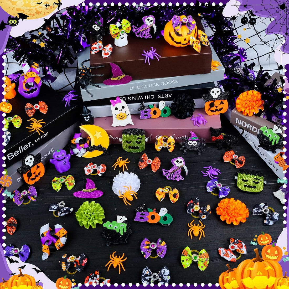 SUMMORO 68Pcs/34Pairs Halloween Dog Hair Bows with Rubber Bands