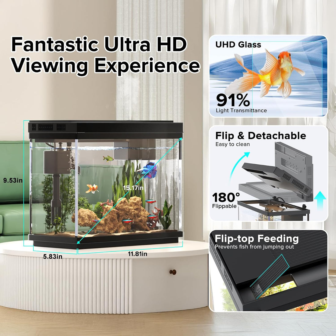 Vehipa Fish Tank, 2.4-Gallon Aquarium Starter Kit with 3-in-1 Quiet