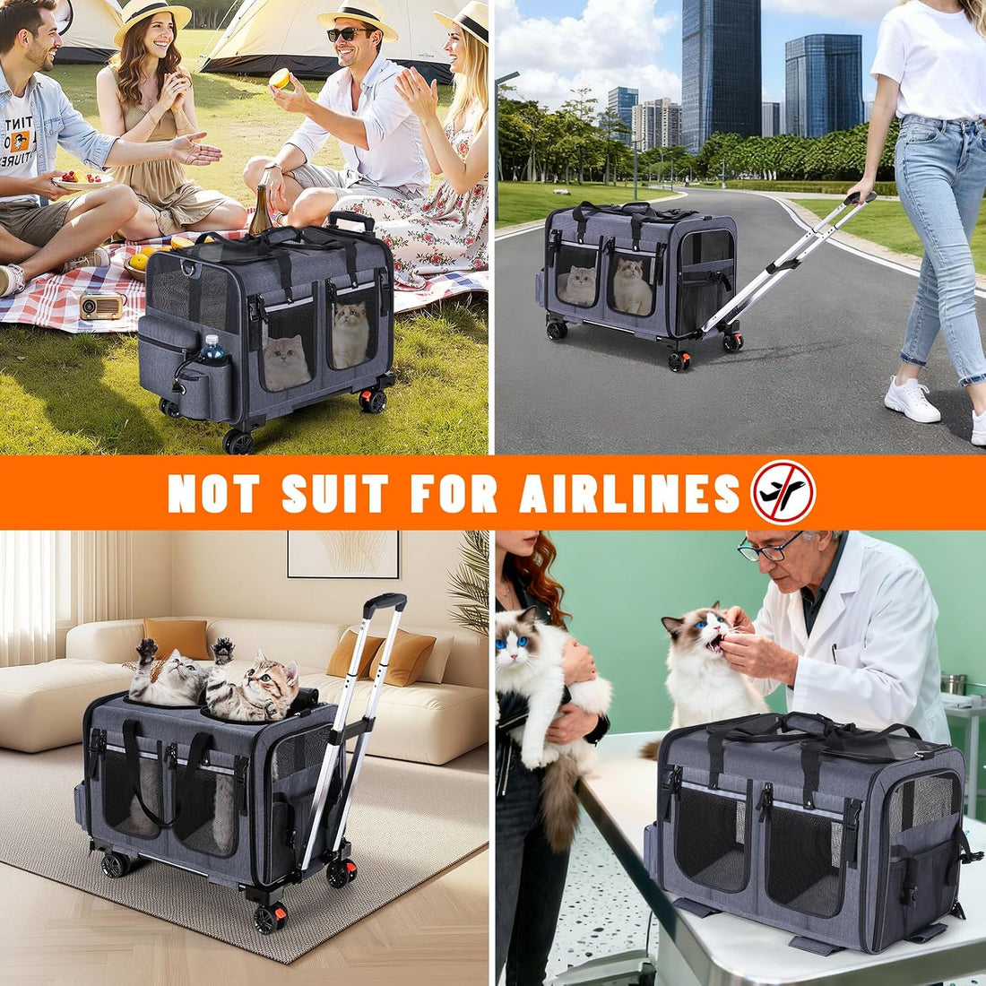 Cat Carrier for 2 Cats,Cat Carrier with Wheels for Cats and Dogs