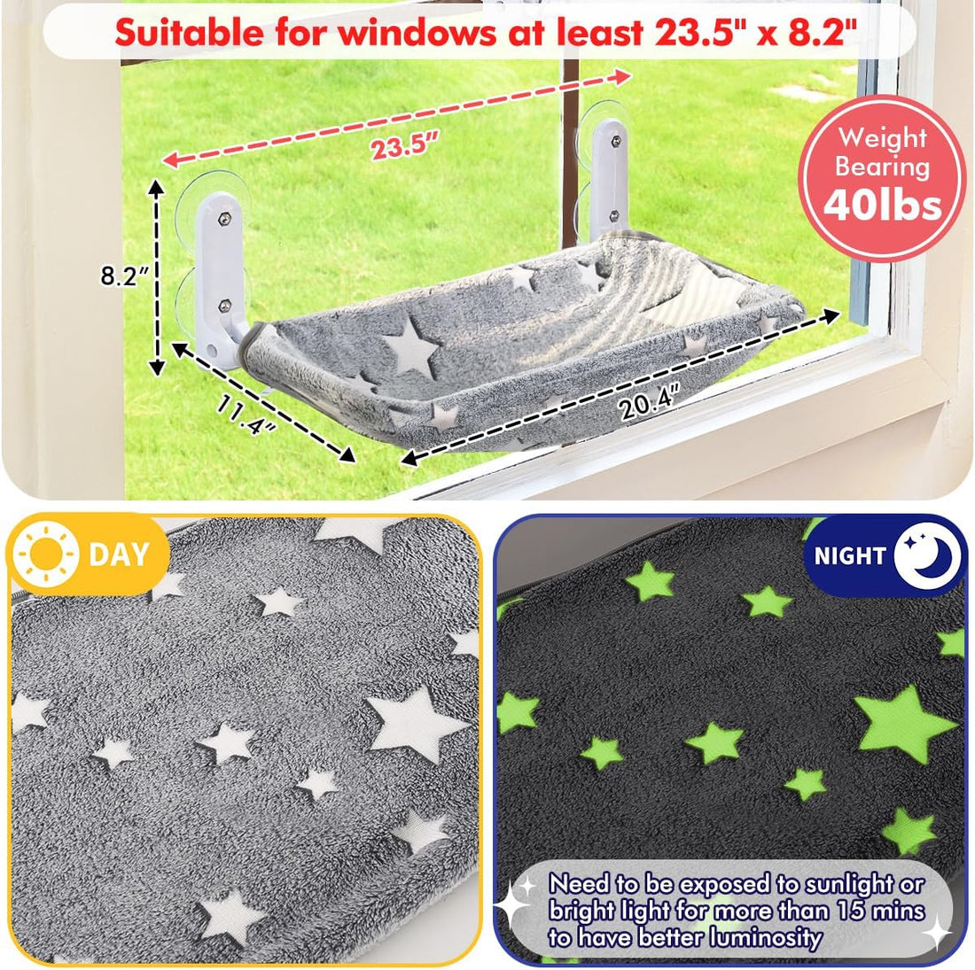 Zoratoo Cat Window Perch, Glow in The Dark Cordless Foldable Pet