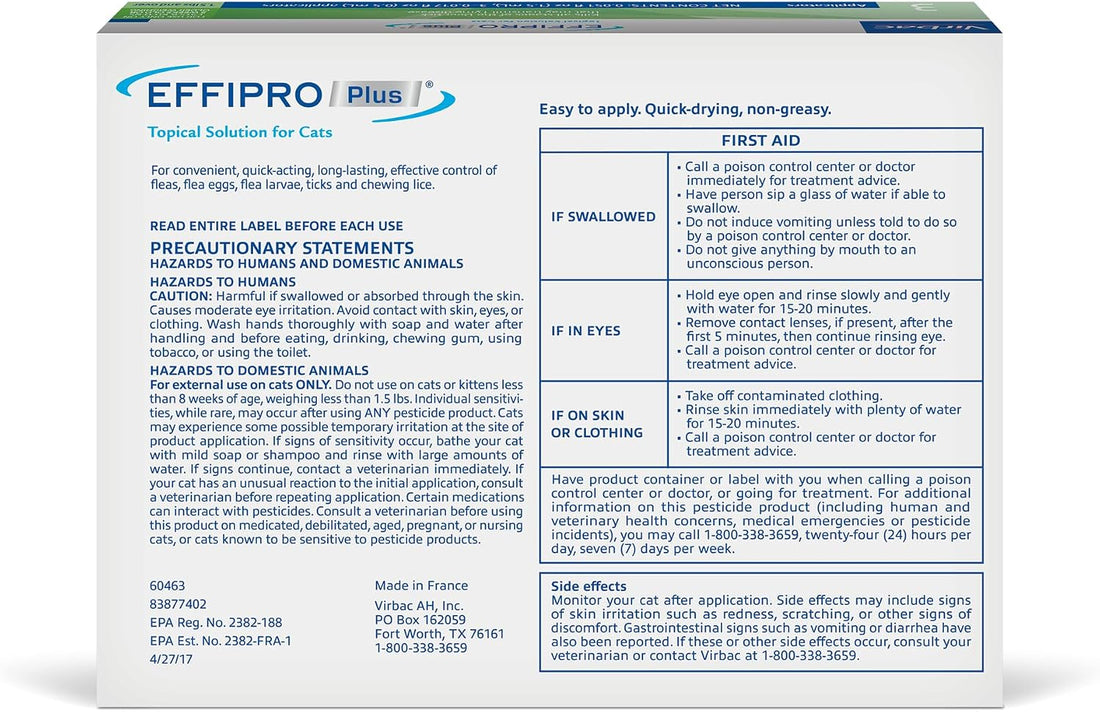 EFFIPRO Plus Topical Solution Waterproof Flea and Tick Cats Over 1.5