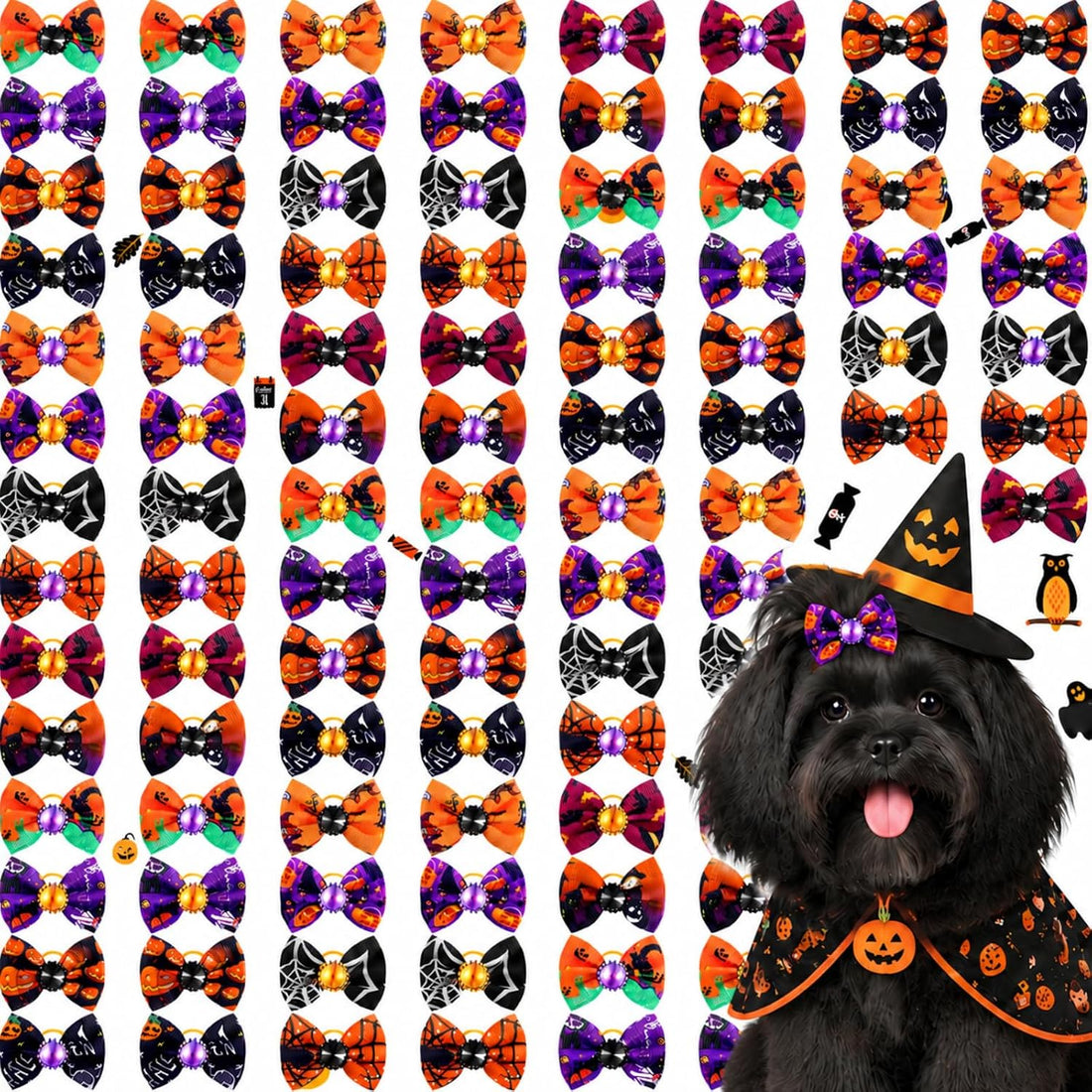 Tondiamo 100 Pack Halloween Dog Hair Bows Ghost Pattern Rubber Bands