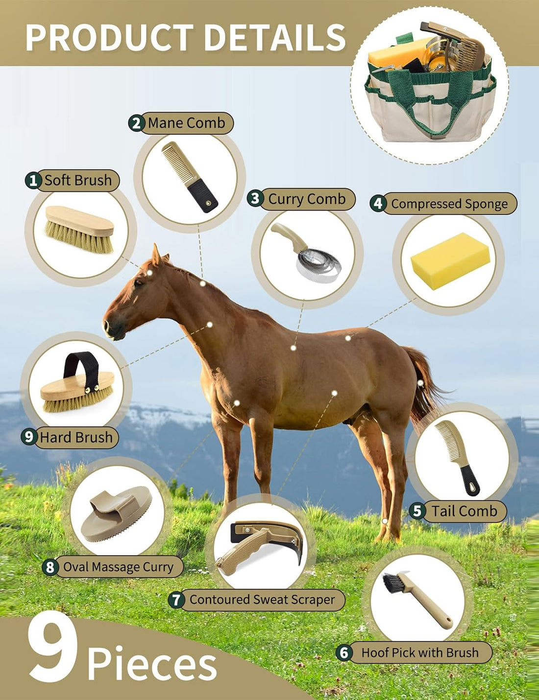 Professional 10 Pieces Horse Grooming Kit with Tote Bag