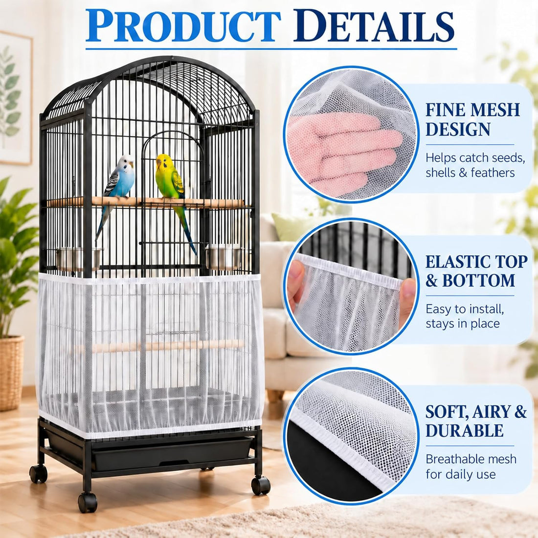 Bird Cage Seed Catcher, 2 Pcs Adjustable Bird Cage Nets for Less