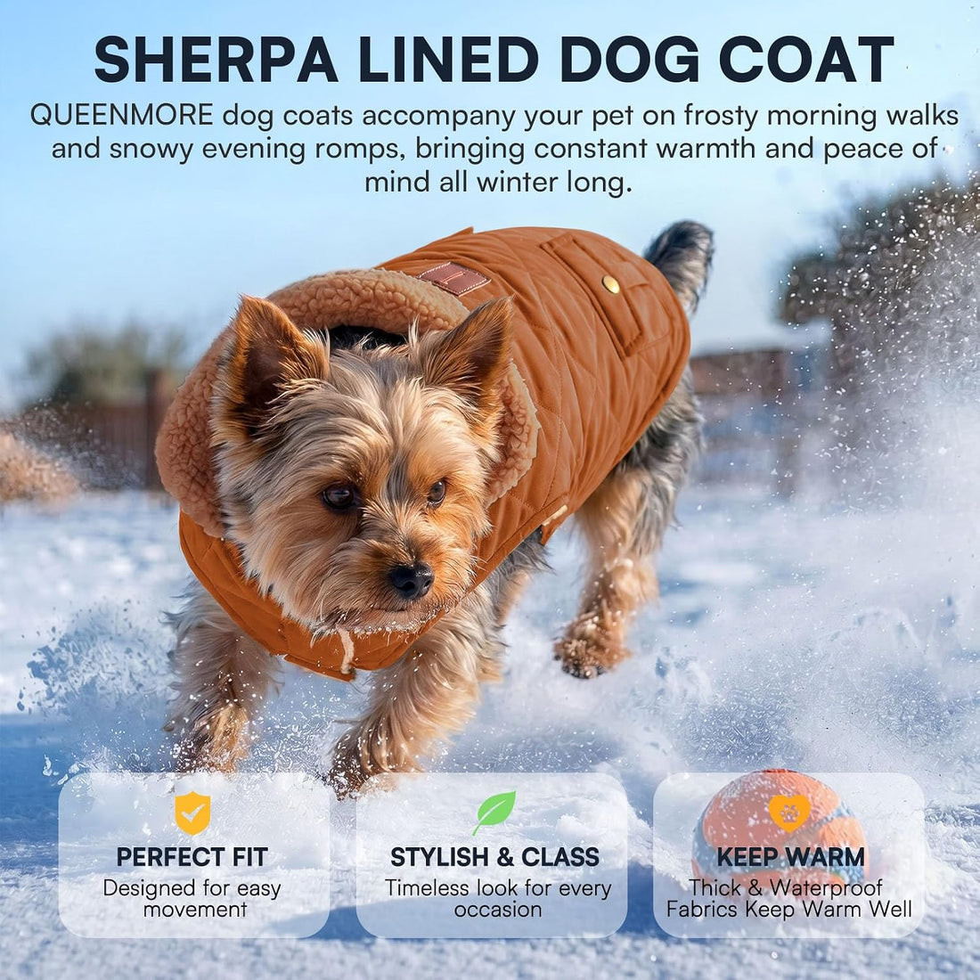 Queenmore Warm Puffer Dog Jacket Thick Plush Lining Winter Small Dog
