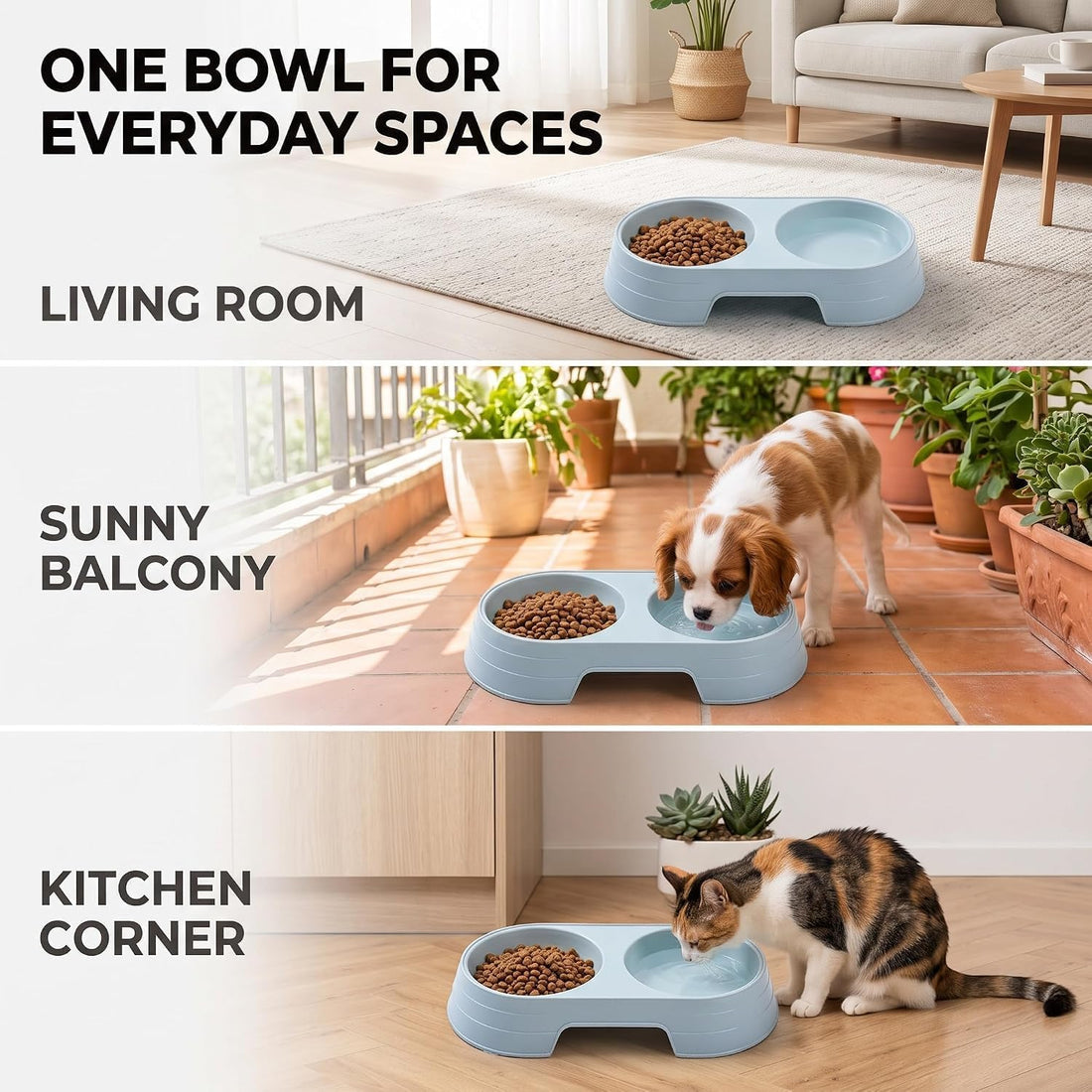 Pet Food and Water Bowl, Double Feeding Bowls, Small Grey