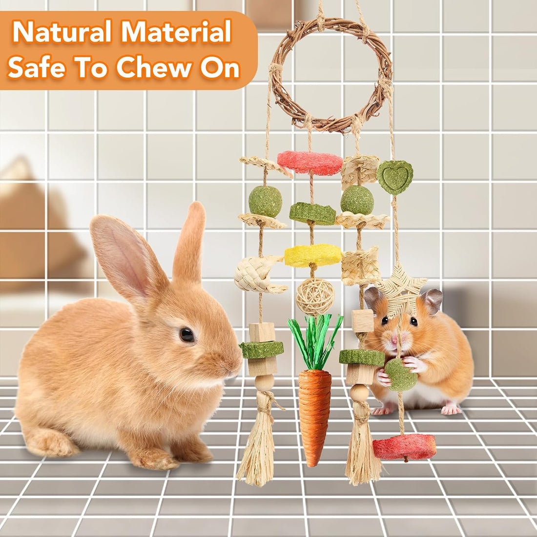 Jorewood Rabbit Chew Toys Bunny Cage Hanging Toy and Treats Rattan