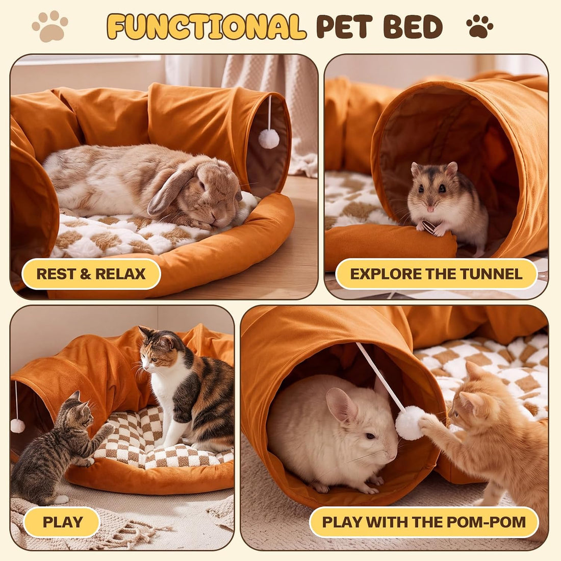 Bunny Tunnel for Rabbits, 2-in-1 Rabbit Tube Toys with Removable Mat