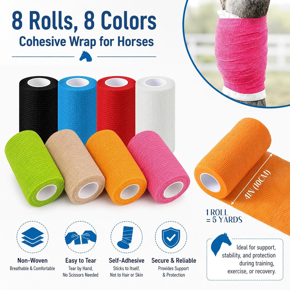 8 Pcs Self-Adhesive Bandages Wrap 4" x 5 Yards Elastic Vet Wrap