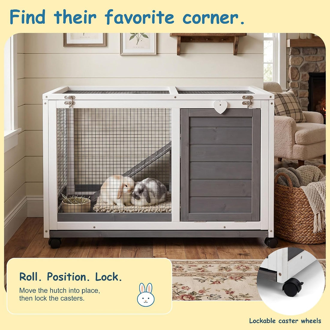 Wooden Rabbit Hutch Indoor Large Bunny Rabbit Cage Grey 34"