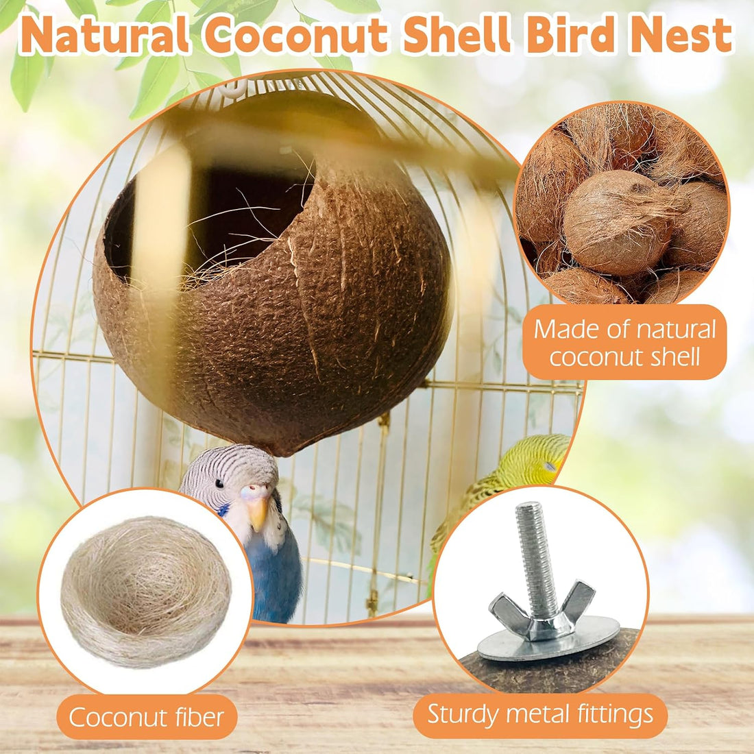 Bird Coconut House for Cage Natural Coconut Shell Parakeet Nest Hut