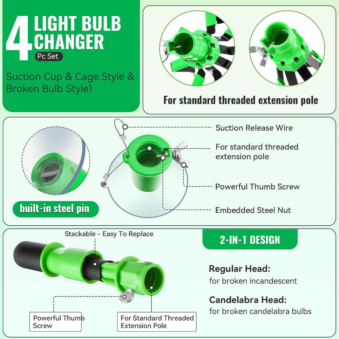 Dreyoo 4 Pcs Light Bulb Changer Set, Suction Cup & Cage Changer