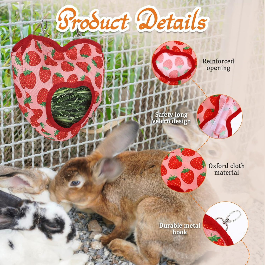 Rabbit Hay Feeder, 2 Hole Washable Hanging Hay Bag for Guinea Pig