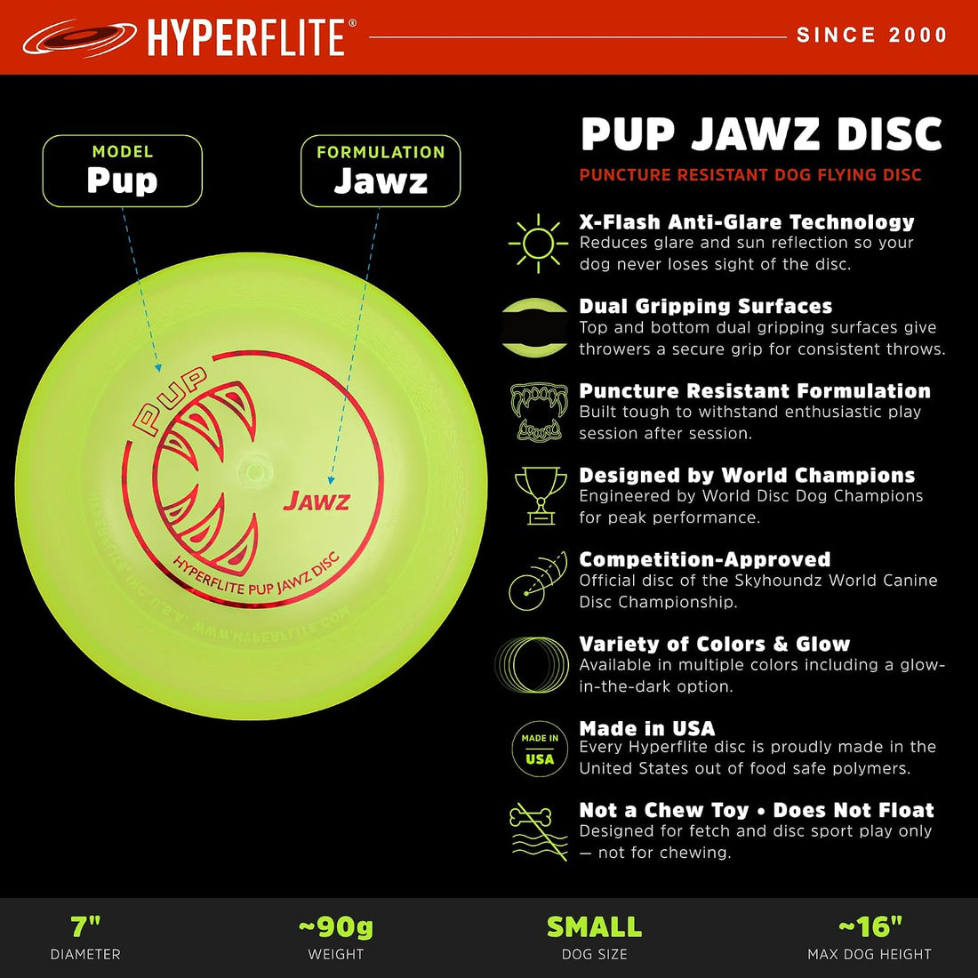 Hyperflite Pup Jawz Puncture Resistant Dog Flying Disc, Small Dogs