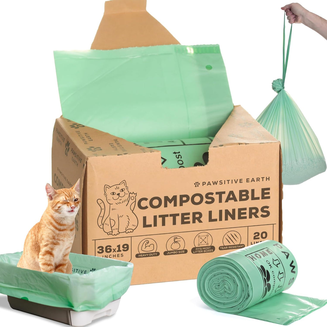 Cat Litter Box Liners 100% Compostable - Drawstring Close - 20 Count