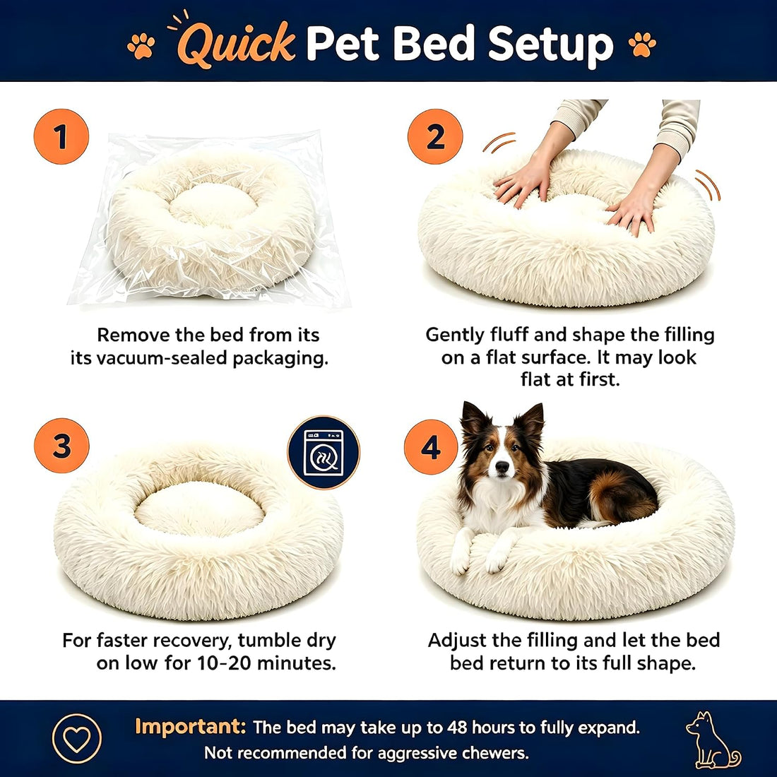Round Donut Pet Bed 24in Soft Plush Calming Cushion with Non-Slip Base