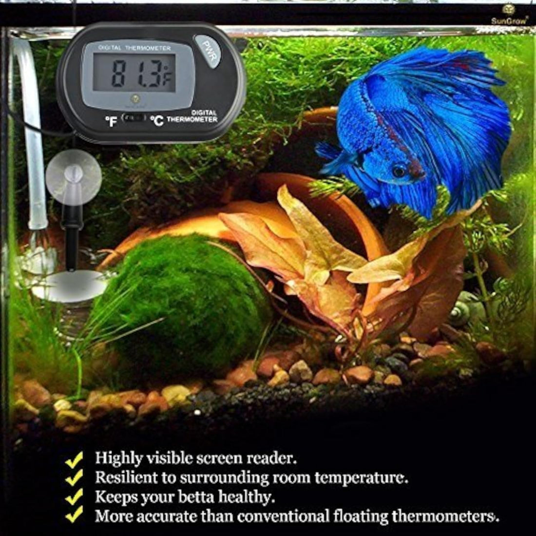 SunGrow Digital Betta Thermometer for Tropical Aquarium Fish