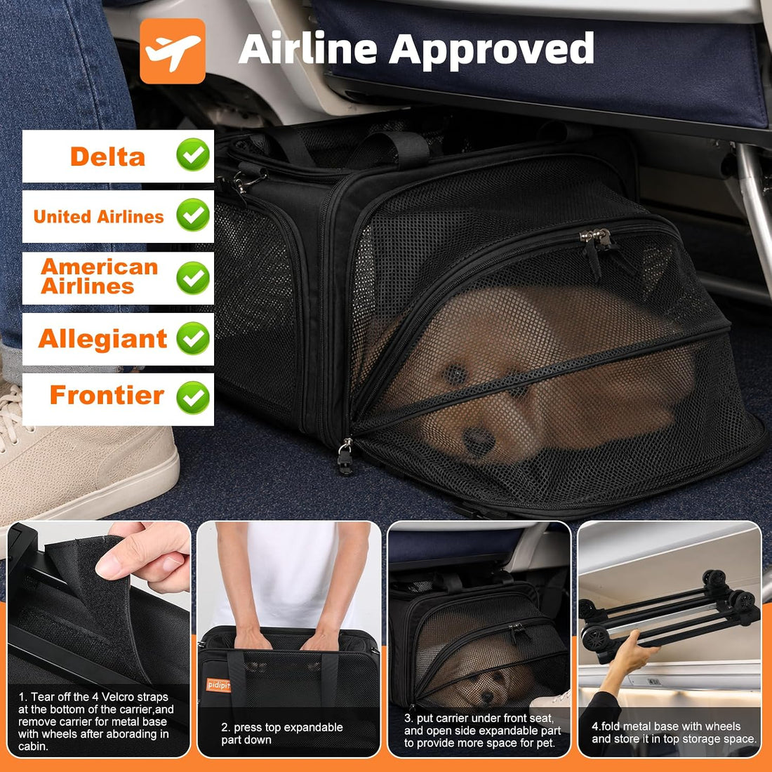 pidipiti 18x11x11 TSA Airline Approved Expandable pet Carrier