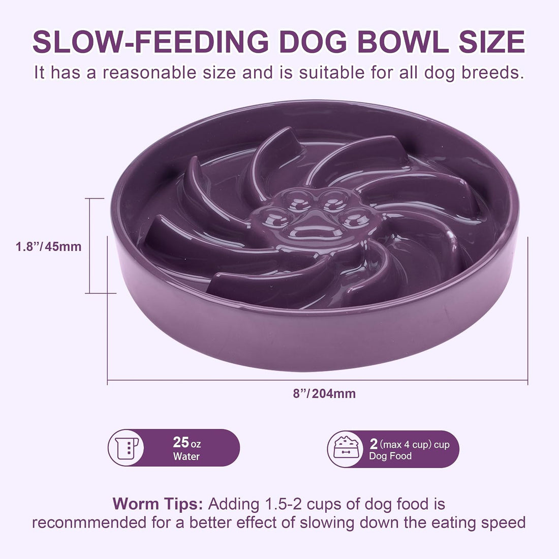 Ceramic Slow Feeder Dog Bowl, 3 Cup Dog Food or 25oz Water