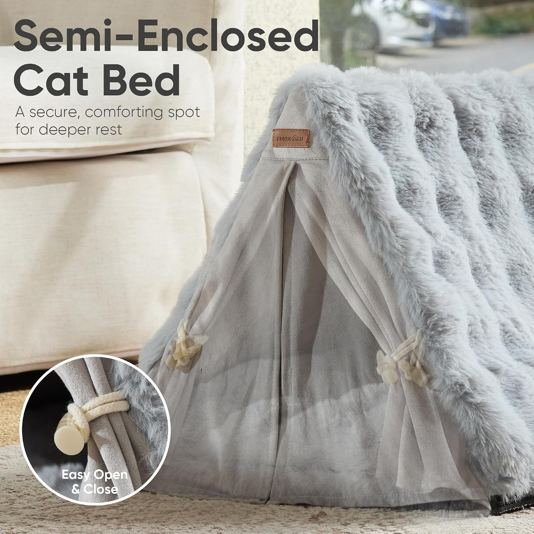 FUKUMARU Cat Cave Bed, Sturdy Frame Washable Cat Tent Bed with Curtain