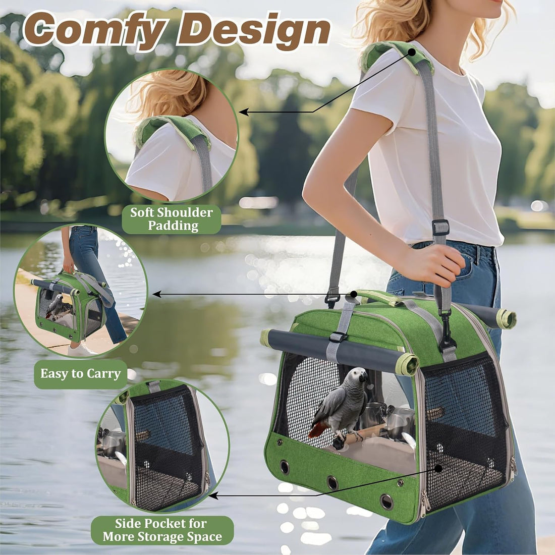 Bird Carrier Parrot Travel Cage with Perch, Food Bowl