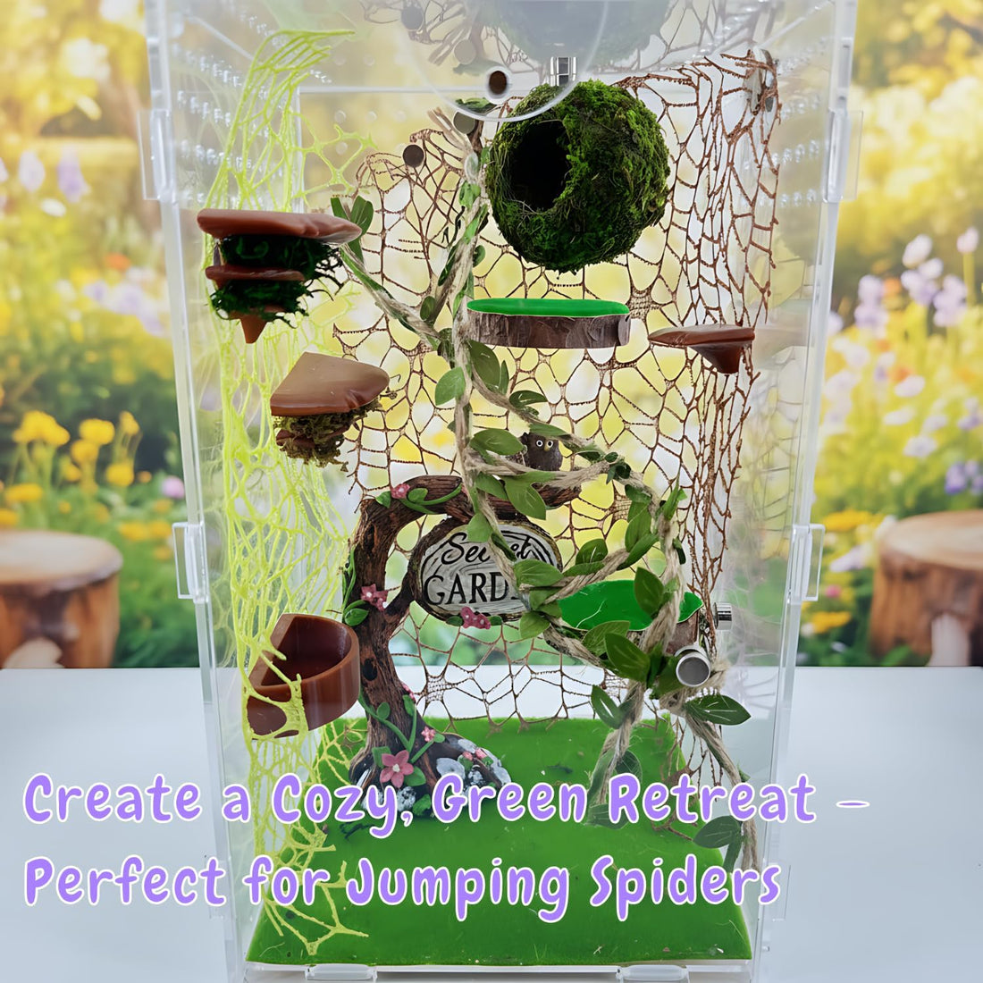 Jumping Spider Accessories - Moss Hideout with Hemp Rope Bridge