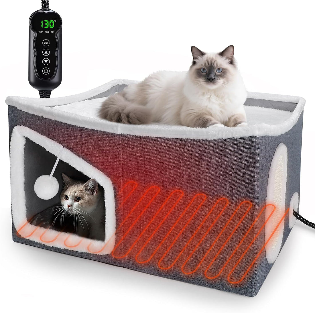 Tovve Heated Cat House for Indoor, Large Cat Bed with Heating Pad