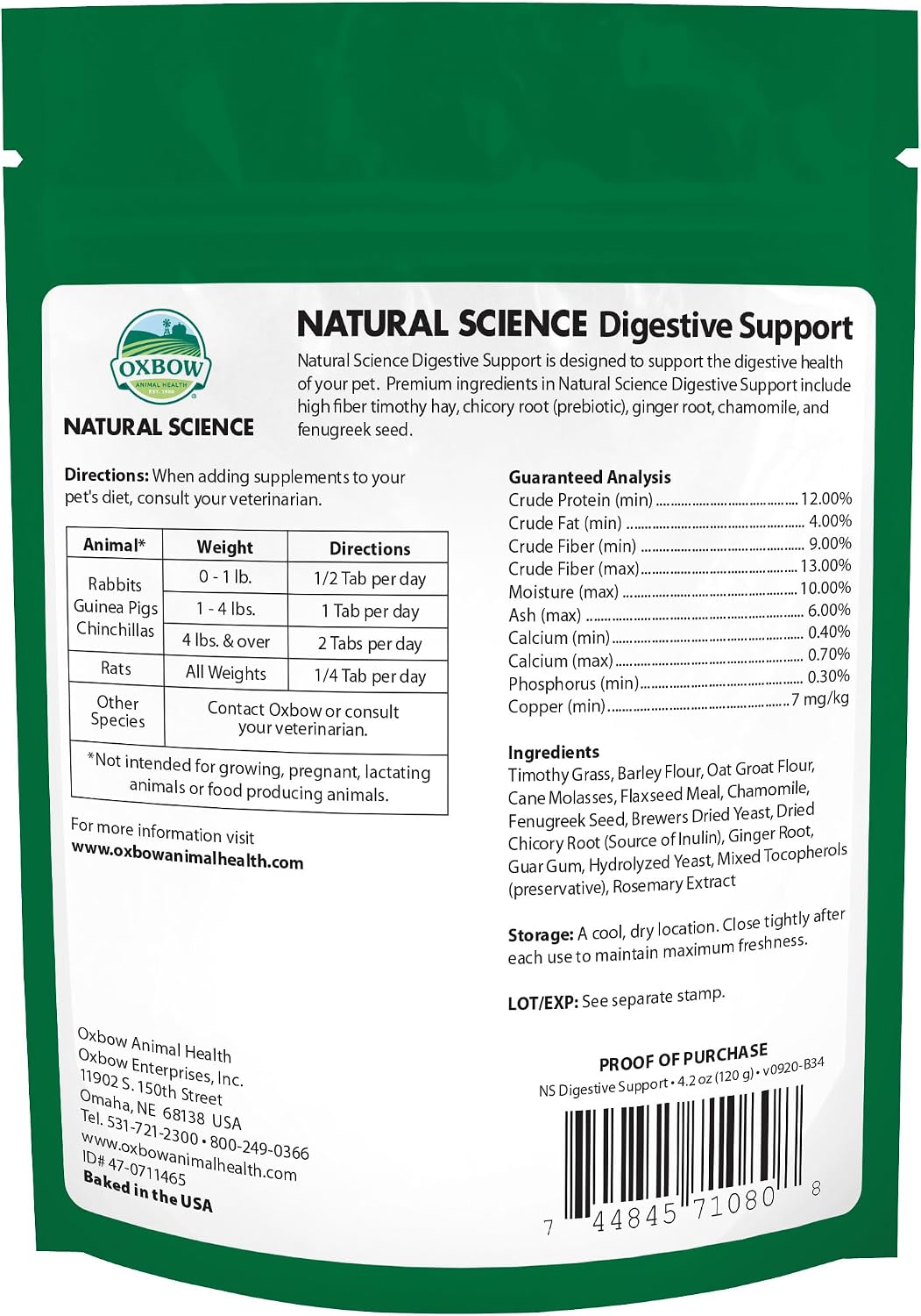 Oxbow Digestive Support Rabbit & Guinea Pig Supplement, Timothy Hay
