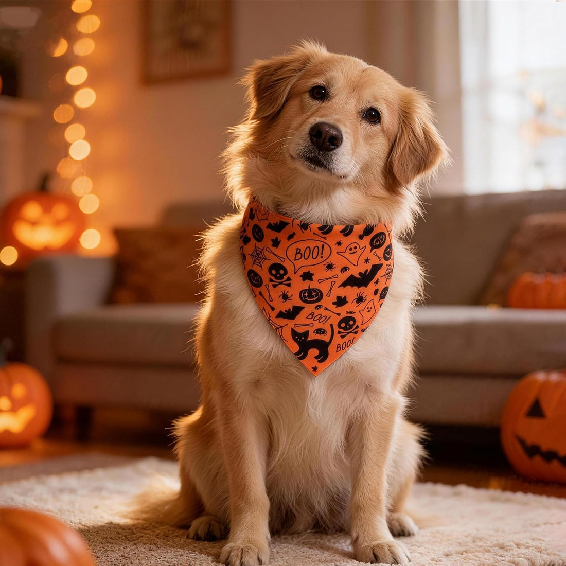 Halloween Dog Bandana for Large Dogs, Reversible Orange Scarf