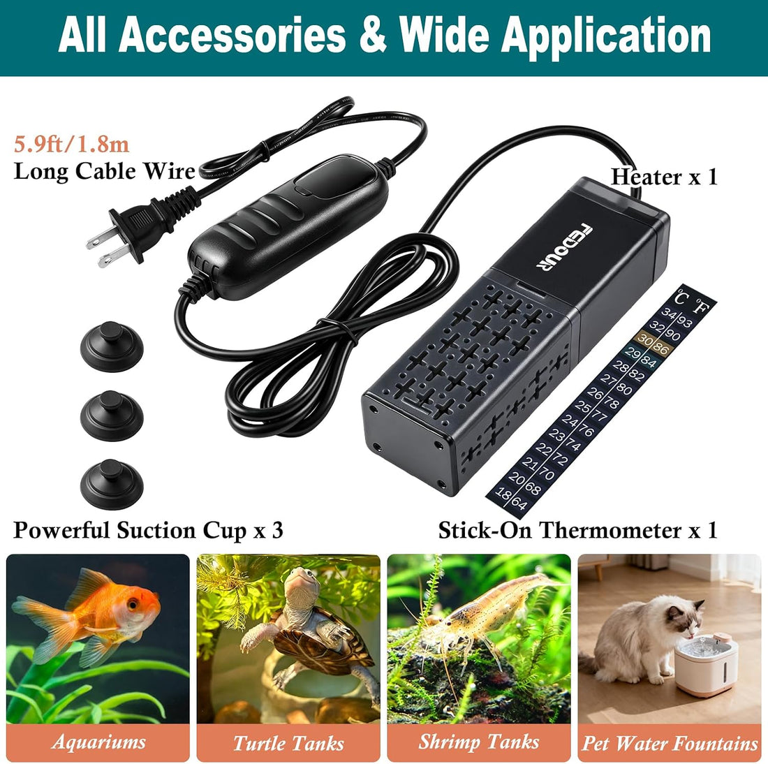 FEDOUR 25W/50W/100W/300W/500W Aquarium Heater for 1-130 Gallon Tanks