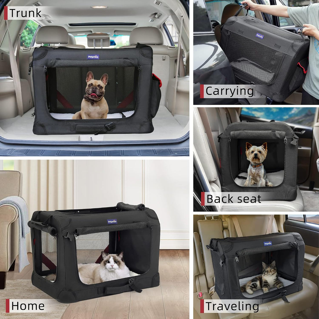 Petprsco Large Cat Carrier for 2 Cats/Small Dogs 24"x17"x17" for Car