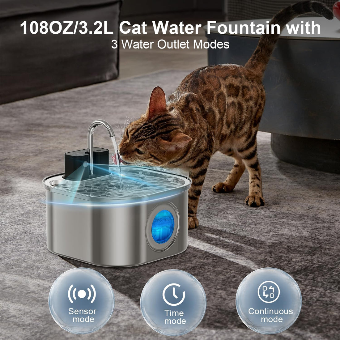 Cat Water Fountain Wireless,Stainless Steel-Rechargeable- Battery