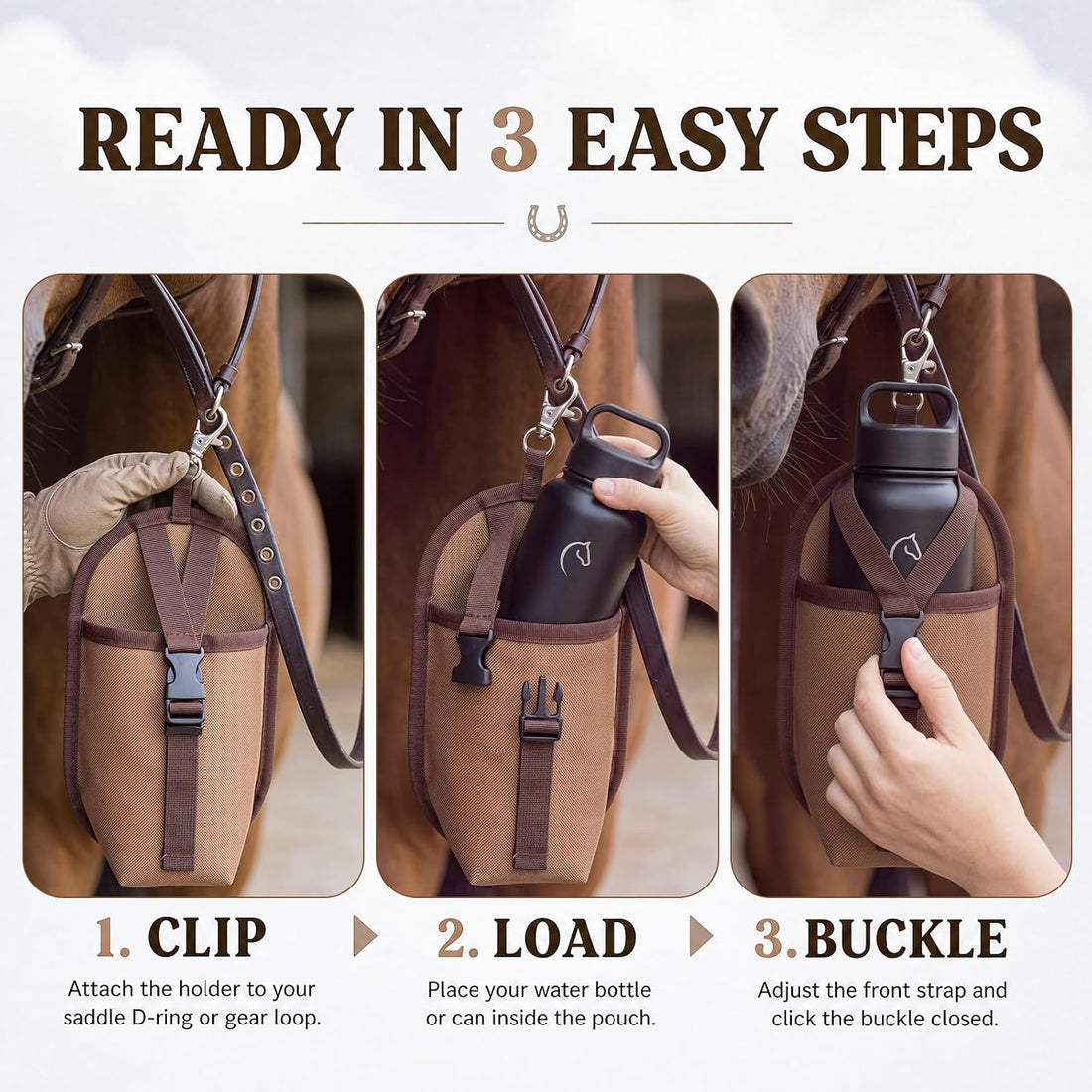 Horse Saddle Water Bottle Holder, Clip-on Nylon Pouch
