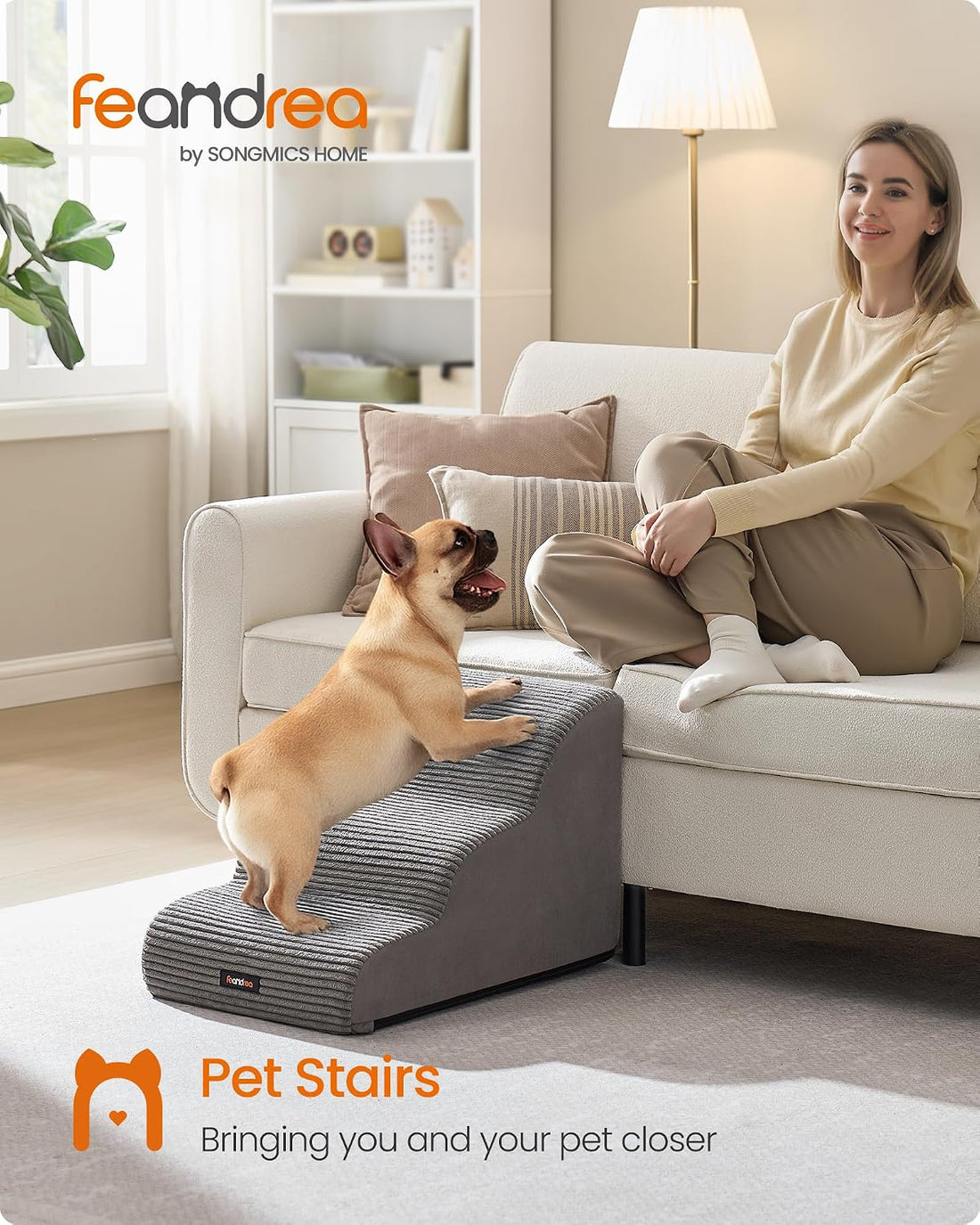 Feandrea 3-Step Dog Stairs, Dog Steps for Bed, Sofa