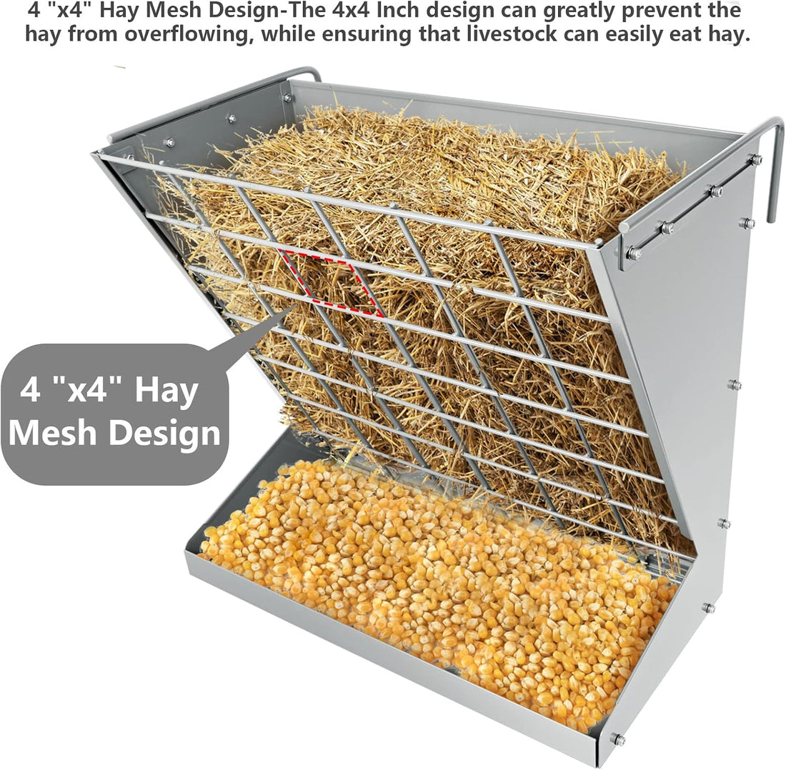 Wall Mount Hay Rack, Metal 2 in 1 Hay and Grain Feeder