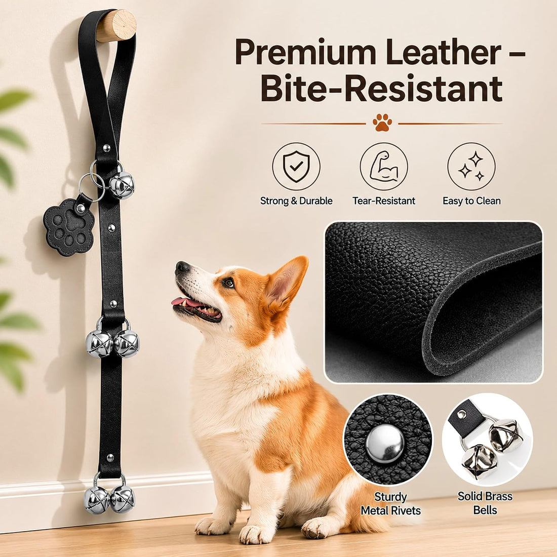 Bifeaw Adjustable Leather Dog Door Bell for Housebreaking (Black)