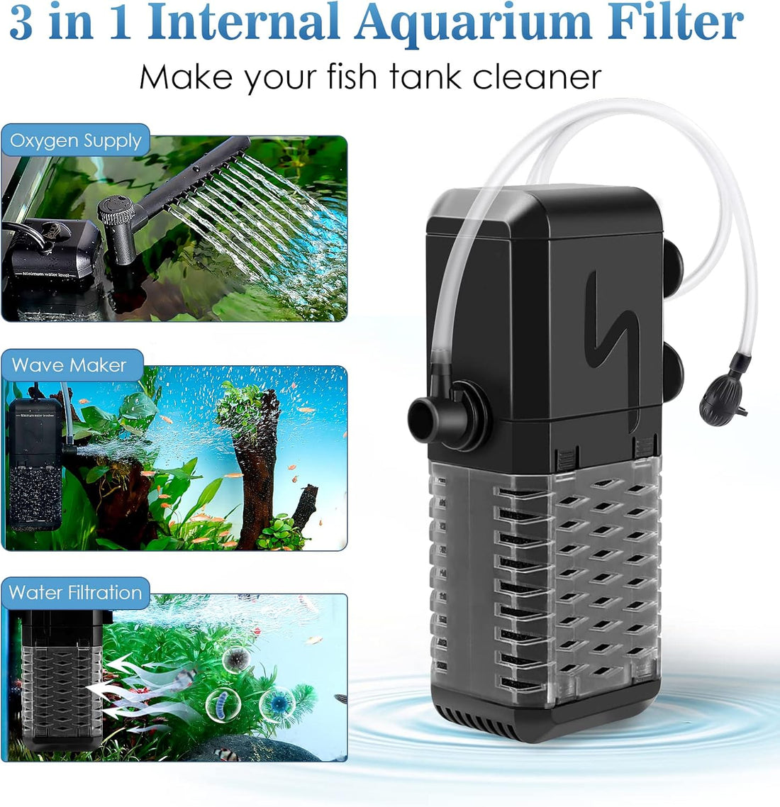 AQQA Submersible Aquarium Filter, Adjustable Flow with Aeration System