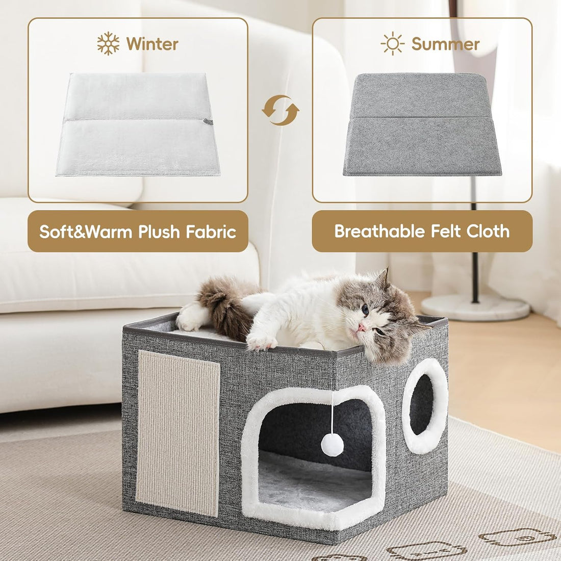 Cat Beds for Indoor Cats, Large Kitten Bed with Scratch Pad