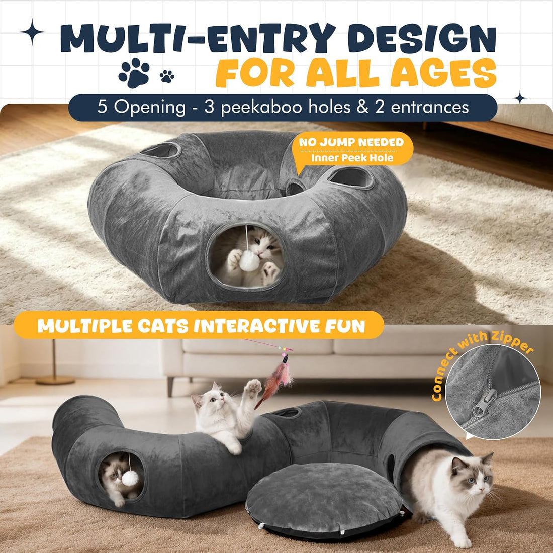 Cat Tunnel, 11.5" Large Cat Tunnel Bed for Indoor Cats