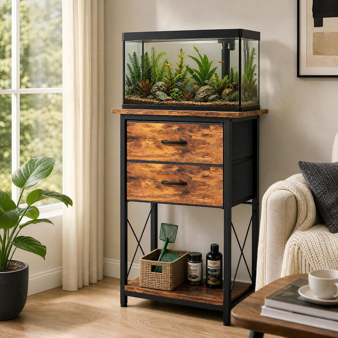 5-10 Gallon Fish Tank Stand with 2 Drawers and Storage Shelves