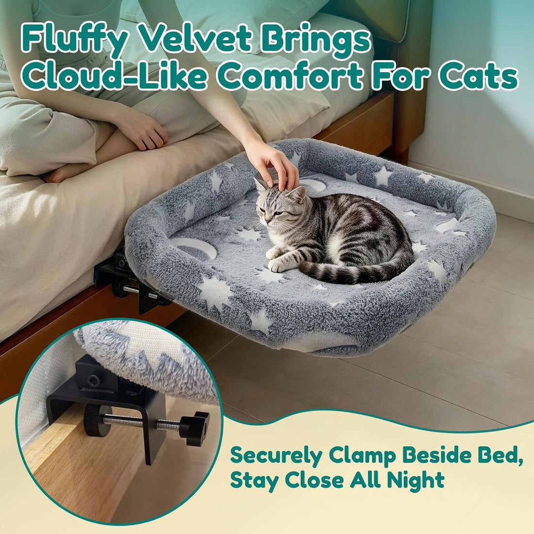 Bedside Cat Bed Attached to Human Bed with Glow in The Dark Stars