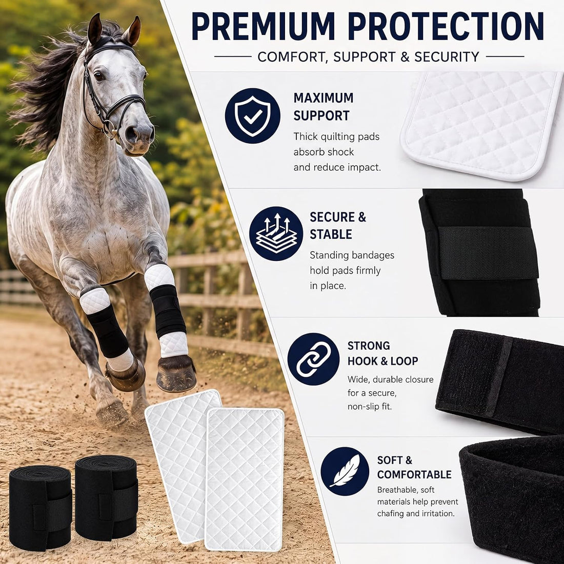 2pcs Horse Leg Quilted No-bow Wraps 14x27" and 2pcs Horse Polo Wraps