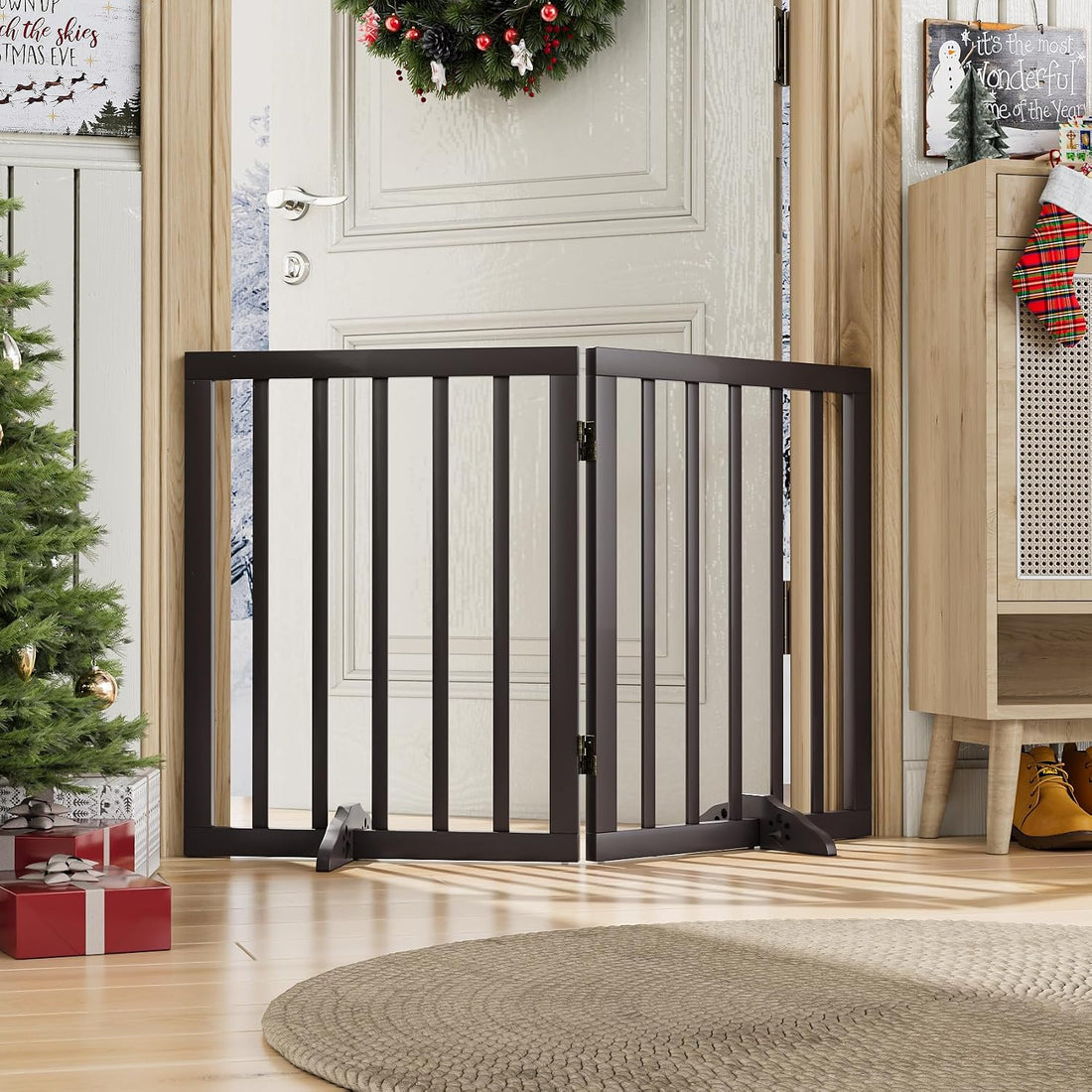 Wooden Dog Gate Freestanding Foldable 4 Panel Pet Gates Extra Wide