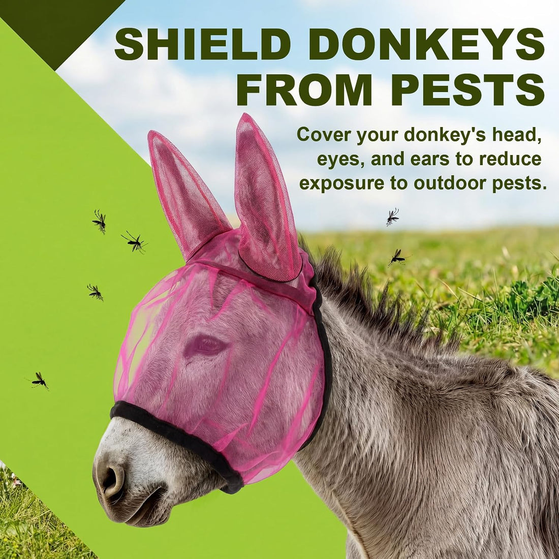 1 Pcs Mini Donkey Fly Mask with Ear Protection, Rose Red