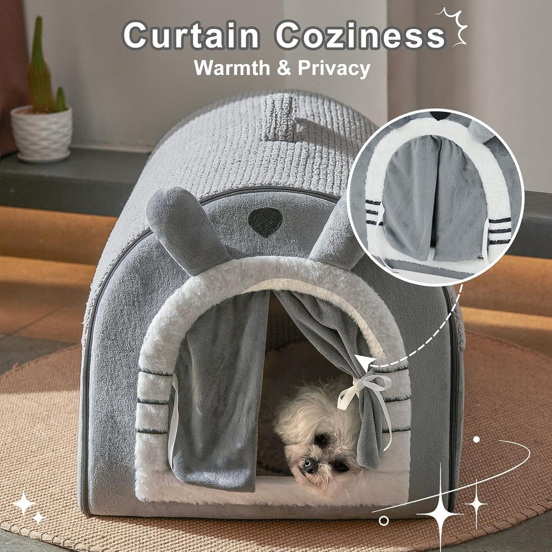 Jiupety Small Dog House Indoor, Cat House with Door Curtain Design