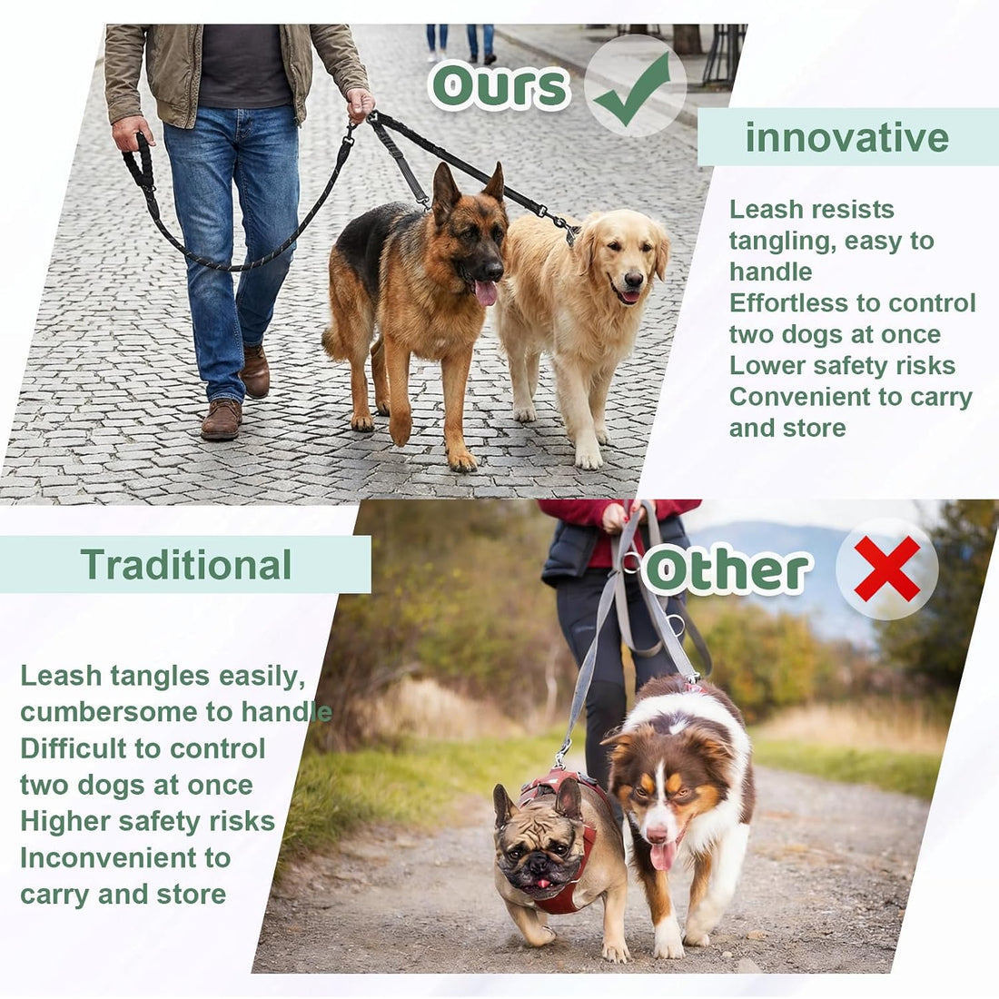 LEOSASA Double Dog Leash for 2 Dogs