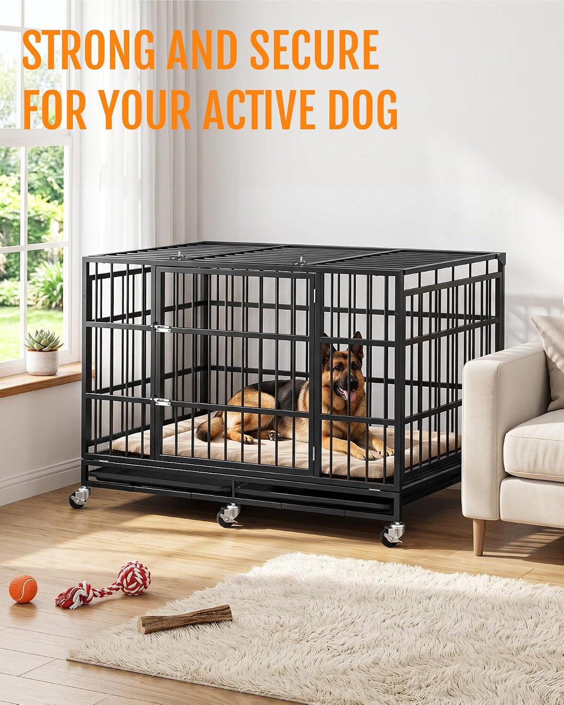 Powools 42 Inch Heavy-Duty Dog Crate Indestructible with Double Door