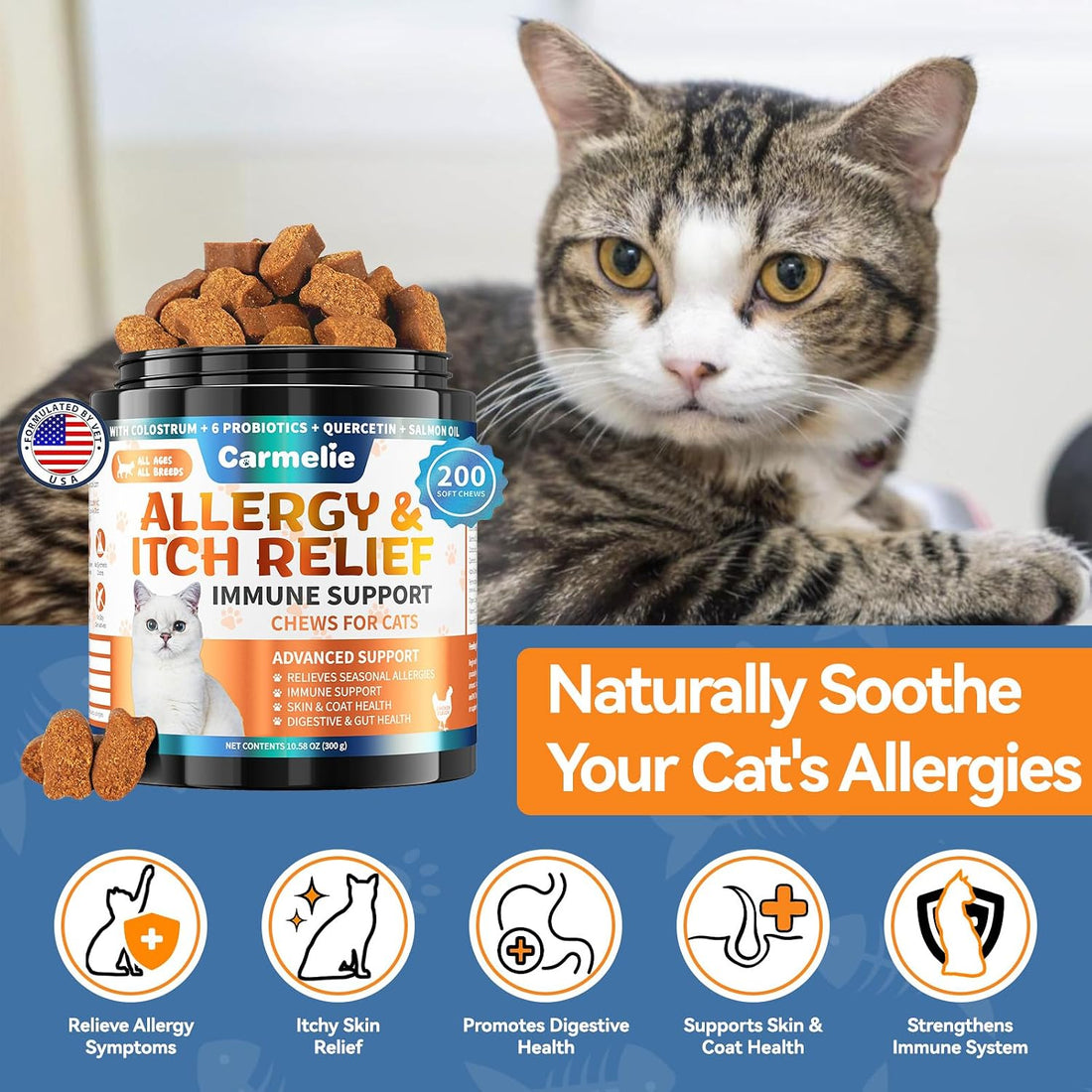 Carmelie Cat Allergy Chews with Probiotic, Skin and Immune Support