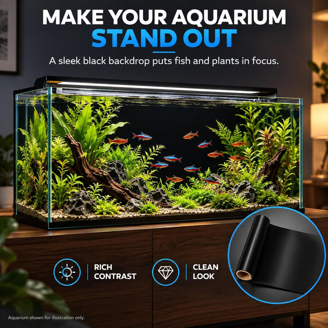 Black Aquarium Background Film, 39 x 16 in, Static Cling Fish Tank