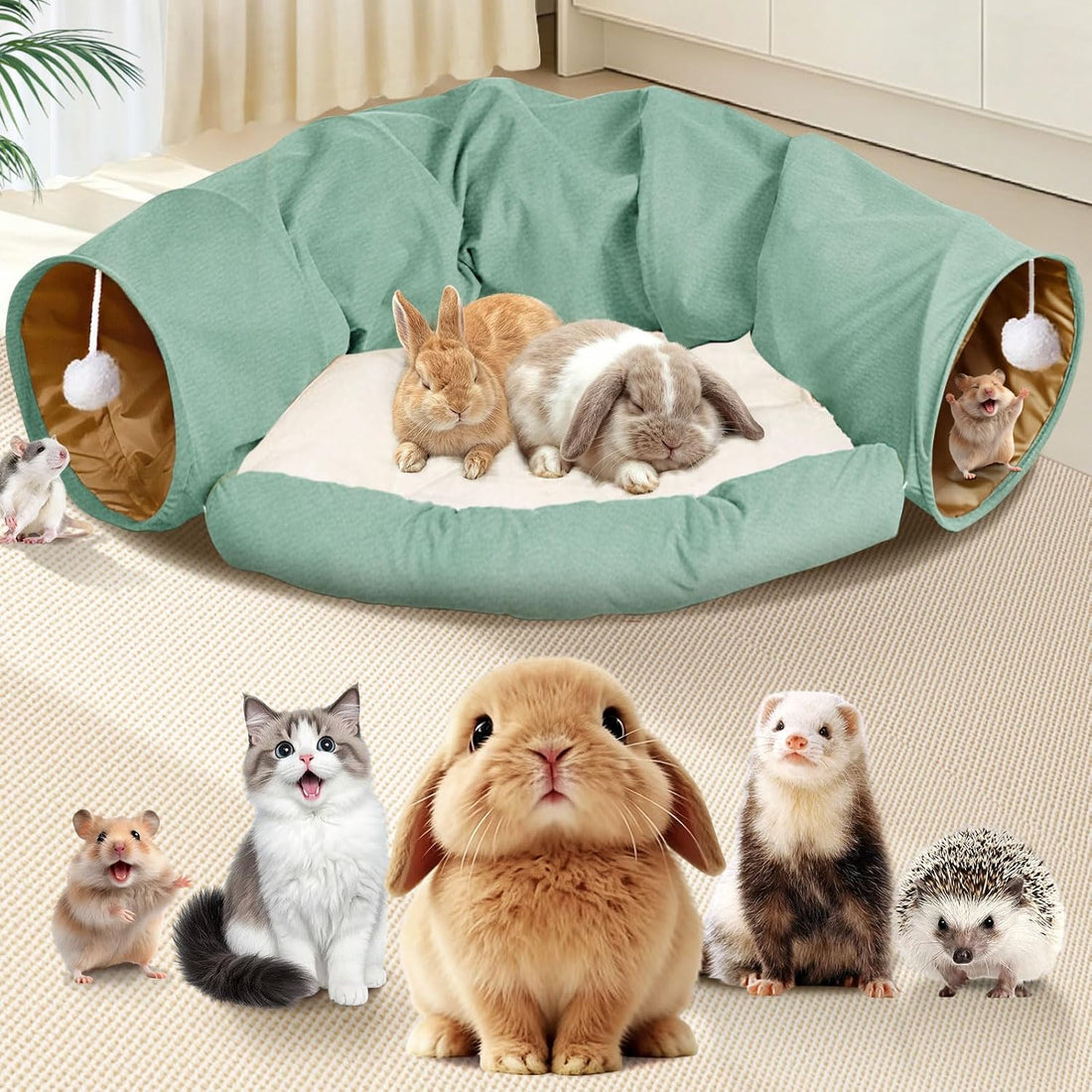 Spardar 2-in-1 Bunny Tunnel Bed, with Removable Mat Hideout